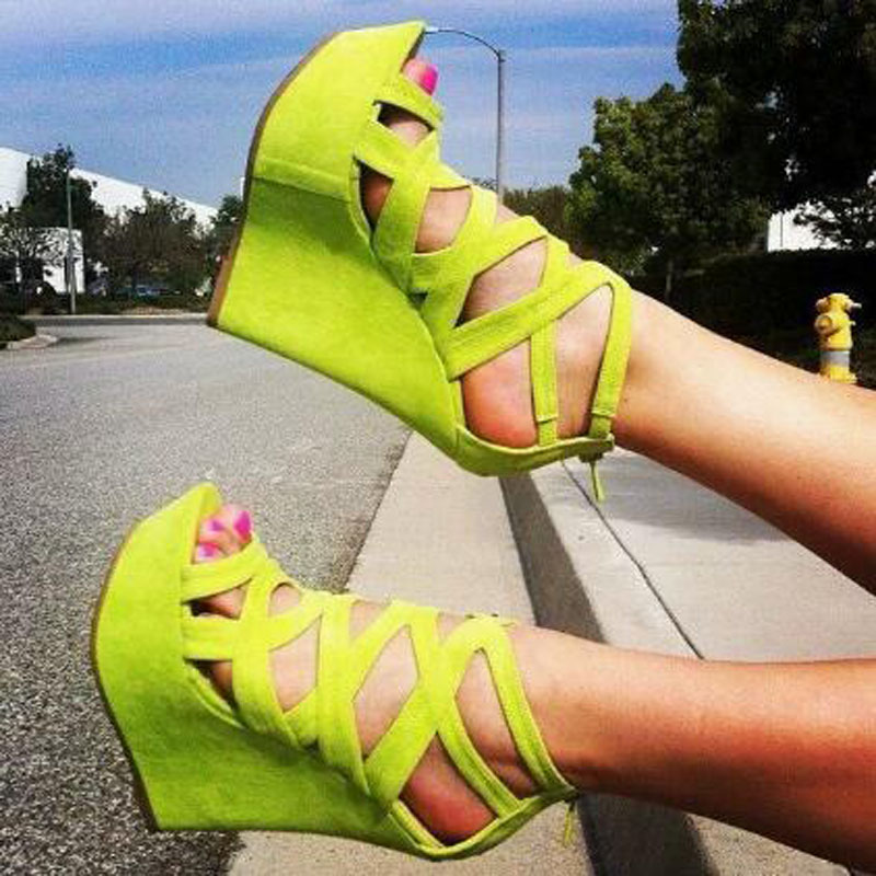 Women'S Shoes Yellow - صنادل نسائية صيفية بكعب عالٍ ويدجز،