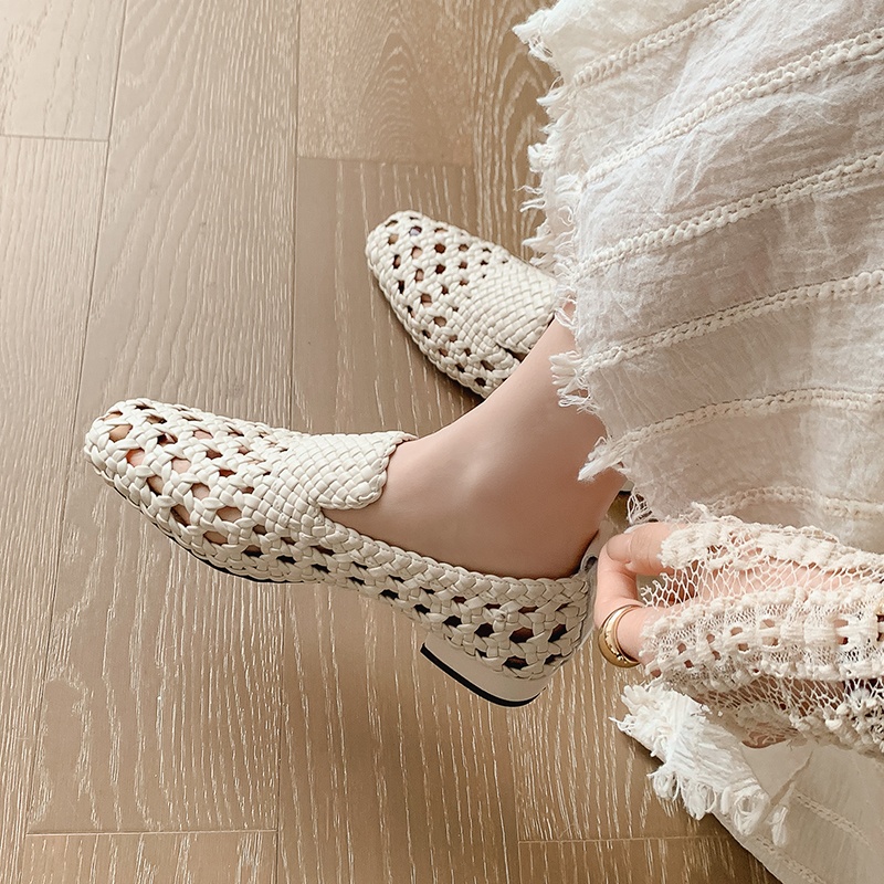 Women'S Heels - صنادل نسائية من الجلد الطبيعي المضفر
